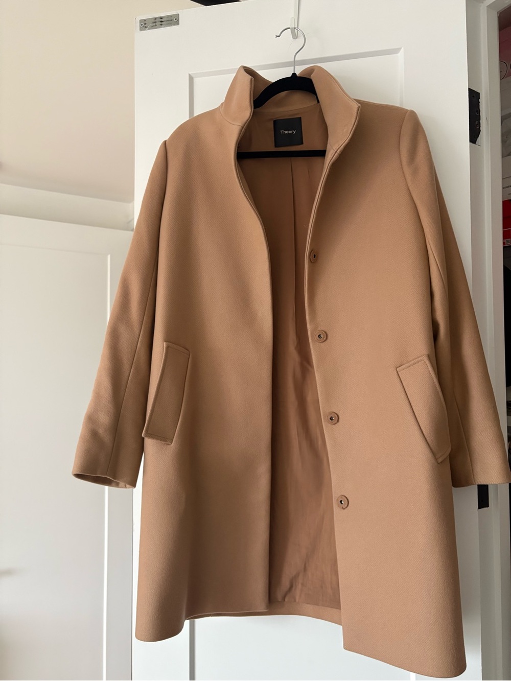 Theory Camel Long Coat with Stand Collar + Garment Bag